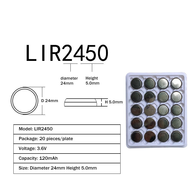 20x3 6 В LIR2450 аккумуляторные батарейки для зарядки 500 раз литиевые монеты батарея