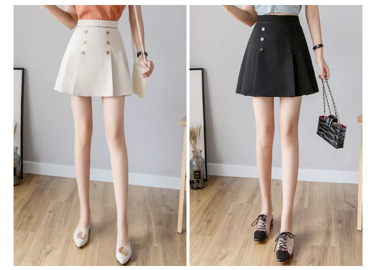 Летние трапециевидные плиссированные мини юбки для женщин, новинка, высокая талия, двубортный, jupe femme, тонкая юбка в консервативном стиле, шорты