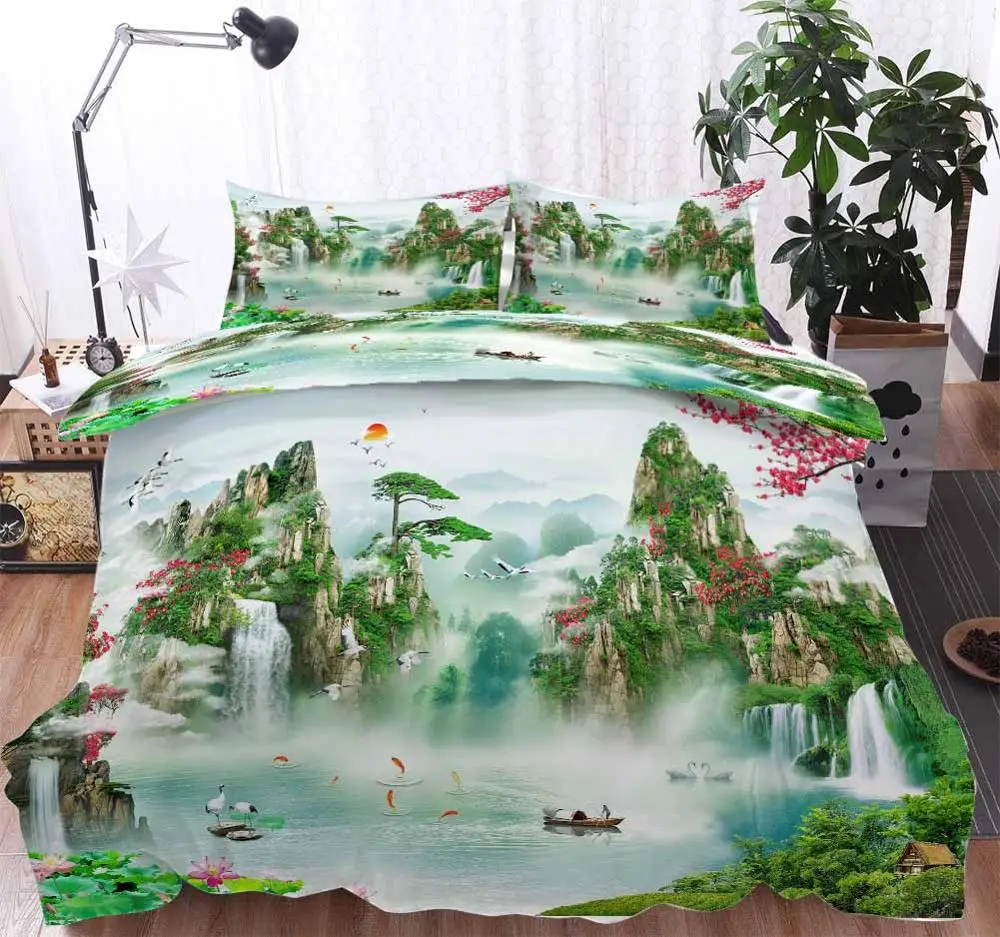 custom Landscape falls crane Bedding Duvet Cover Set Pillowcase Microfiber Soft Comforter Bedroom Single Queen King | Дом и сад