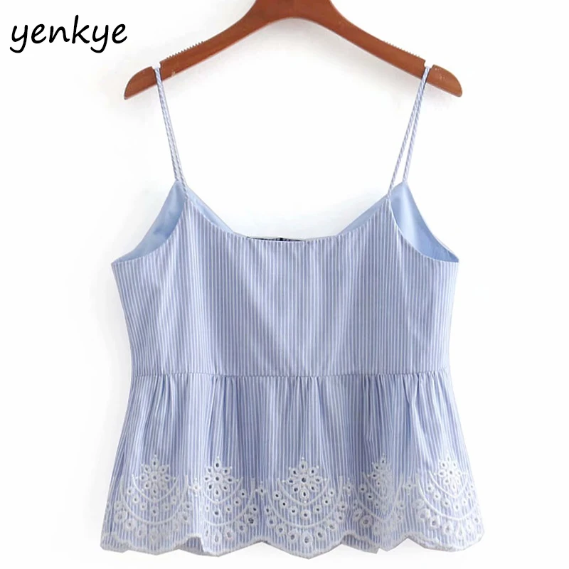 Cami светло-голубой в полоску летние топы Для женщин полые Embroidered Crop Top пикантные