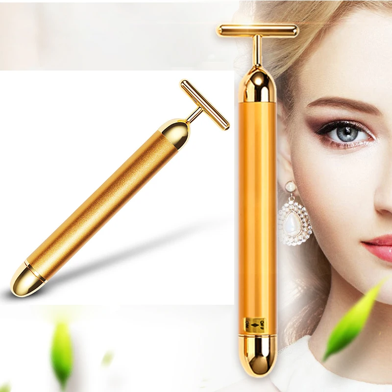 

24k Gold Face Lift Tightening Bar Roller Vibration Slimming Massager T-Shape Energy Facial Firming Machine Skin Care Beauty Tool