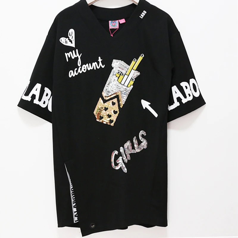 Летний Новый Модный чехол-футболка с блестками и v-образным вырезом в европейском