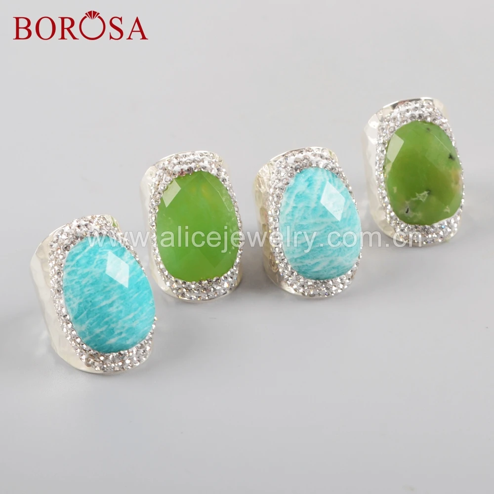 BOROSA-anillos de piedras facetadas multitipo, joyería de plata chapada en diamantes de imitación, crisoprasa Natural, anillos de drusa JAB946, 5 uds.
