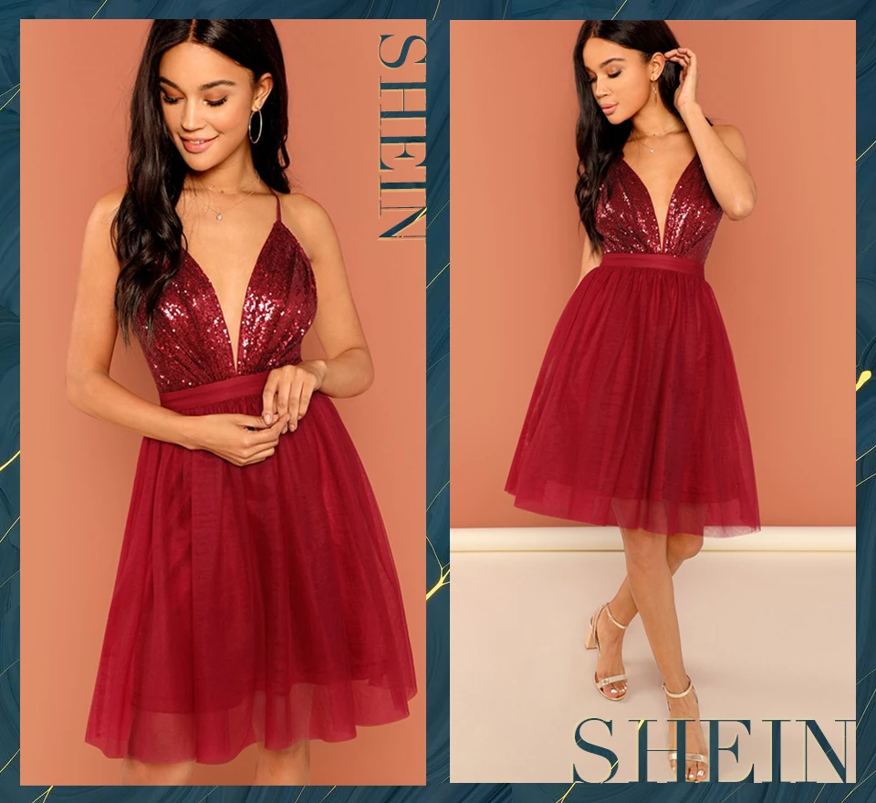SHEIN Вечернее Платье На Бретельках С Блестками Платье С Открытой Спиной