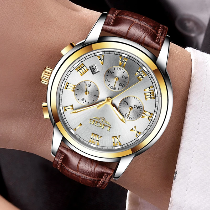 2017 LIGE Hommes sport Montres поверенный в жизнь кварцевый montre кожаный непроницаемый подарок