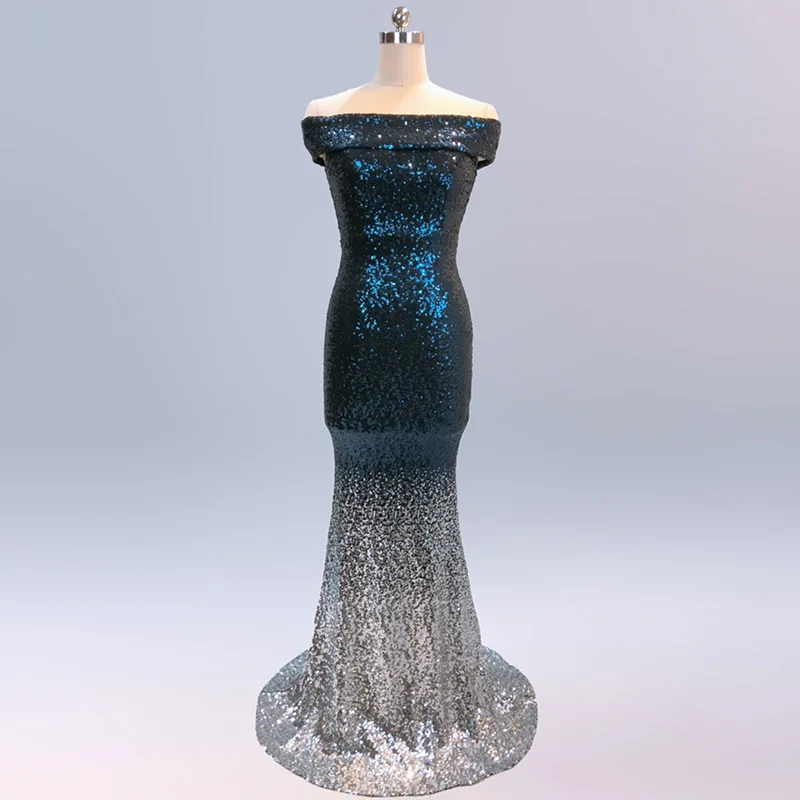 Роскошное синее и серебряное градиентное платье с блестками вырезом лодочкой