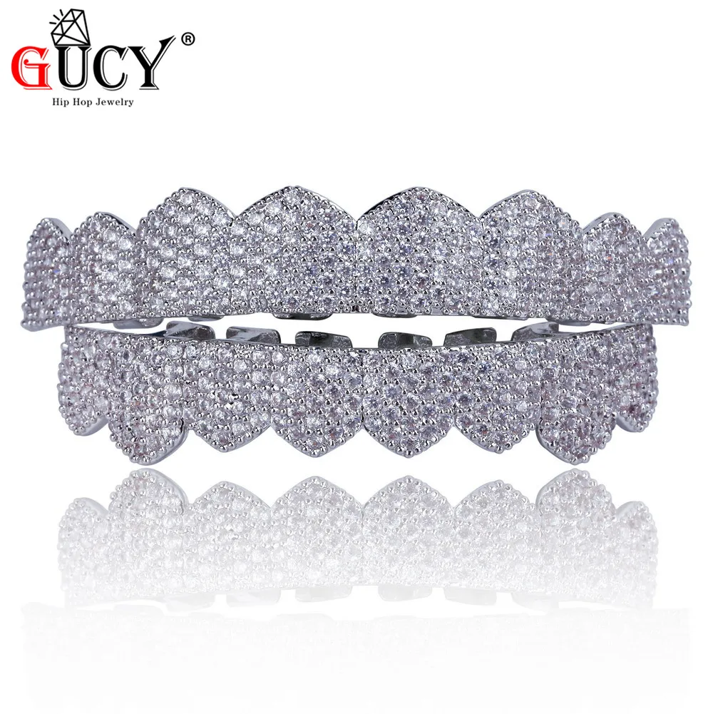 GUCY Custom Fit цвета: золотистый, серебристый все льдом хип-хоп ЗУБЫ Grillz микро Pave кубический циркон восемь верхних и нижних зубов грили набор