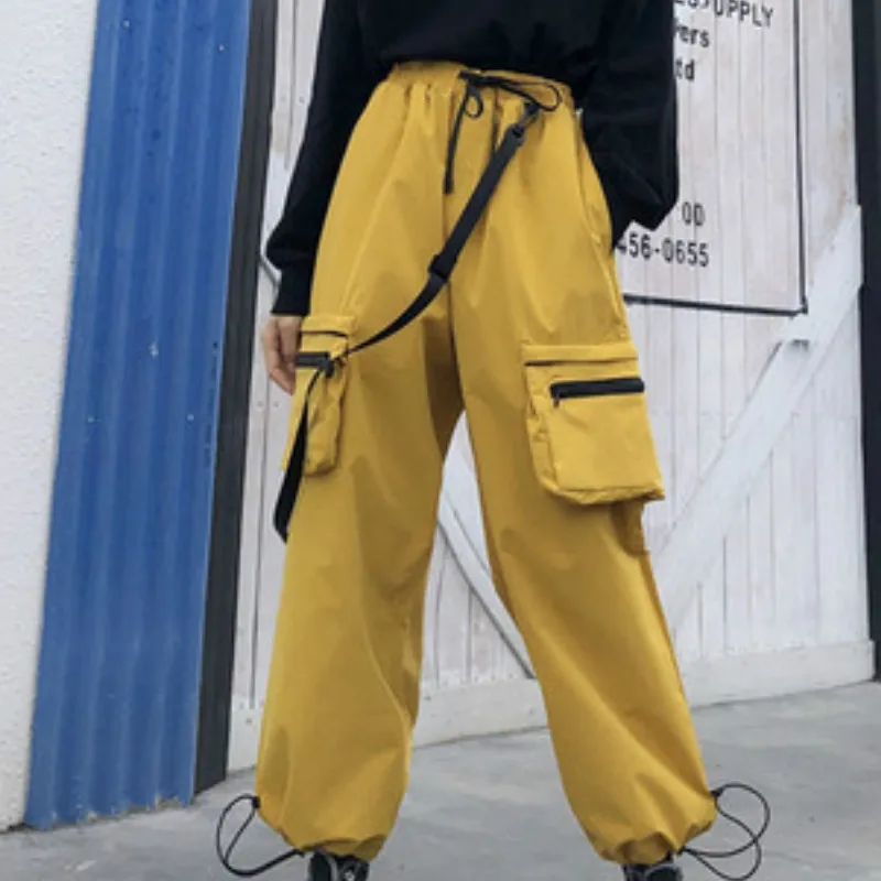 yellow pants Neploe черного цвета с эластичной резинкой на талии женские брюки-карго с накладным карманом уличная одежда свободного кроя, штаны-шаровары в стиле хип-хоп Харадзюку Для женщин брюки - Цвет: yellow pants