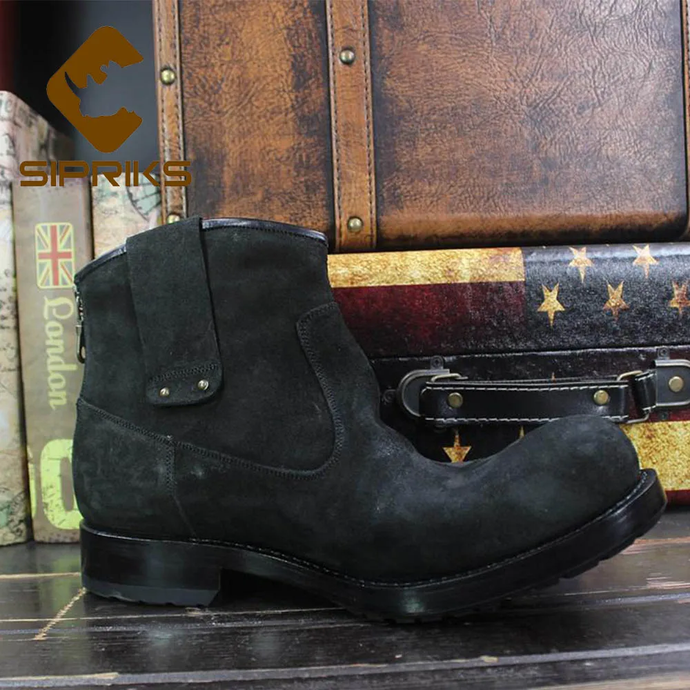 Sipriks Mens Zip Boots Imported Italy Cow Suede Black Cowboy Boots Custom Goodyear Welted Ankle Boot Big Size 45 Unique Designer
