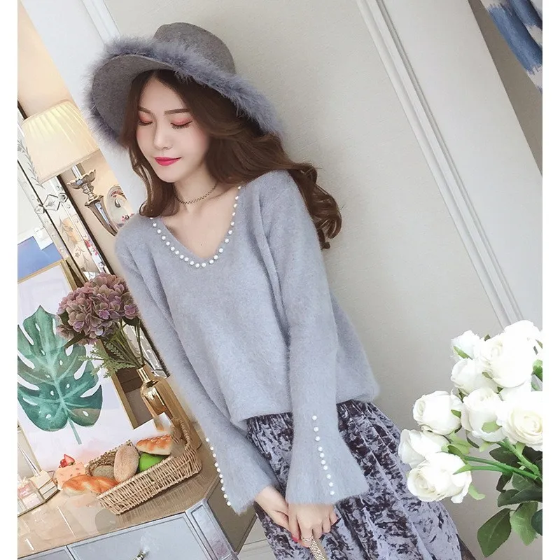 Женский Однотонный свитер с бусинами повседневный вязаный пуловер расклешенным