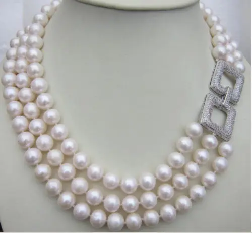 

noble women gift Jewelry Clasp 17-18.5inch 3 Rows Real AAA natural 8.5-9mm White Sea South Pearl Necklace