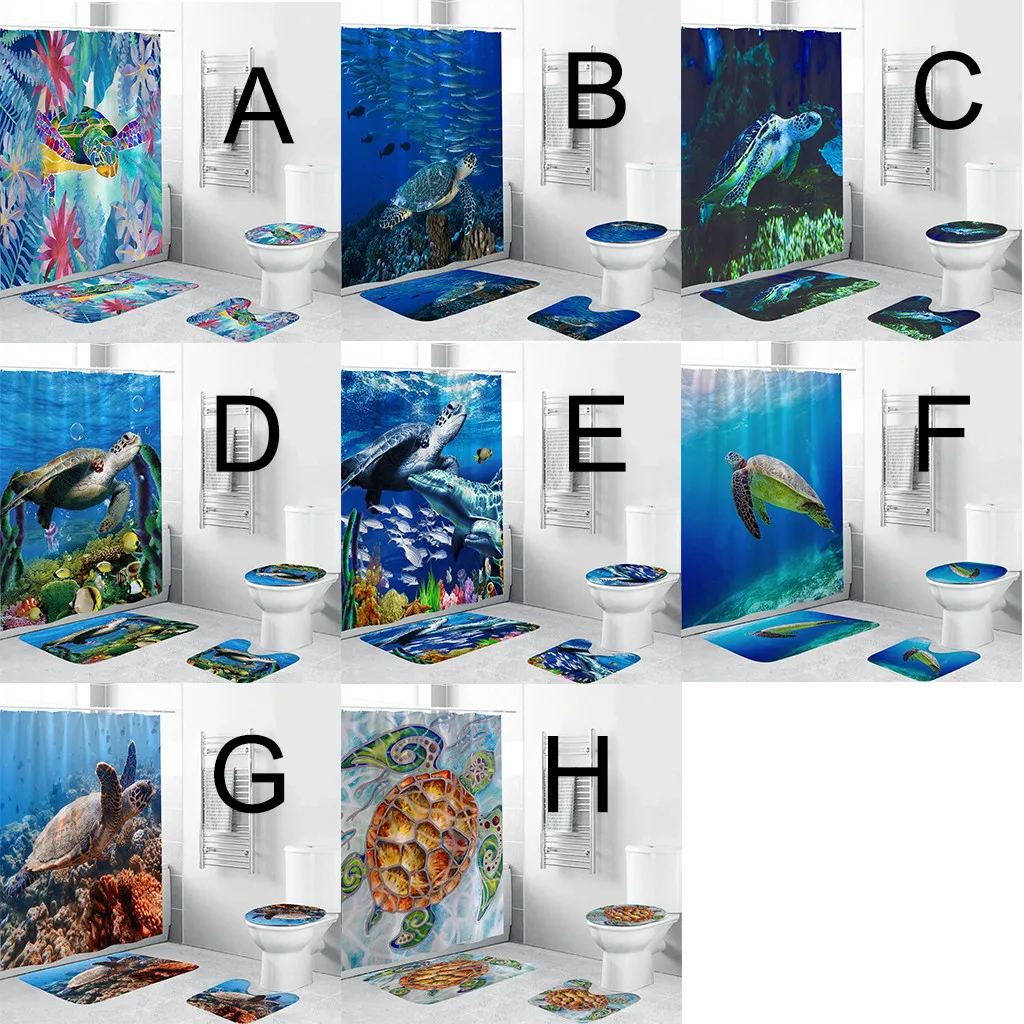 

Ouneed ocean Big turtle pattern Waterproof Bathroom Shower Curtains 4 PCS set Non Slip Toilet Polyester Cover Mat Sets drop ship