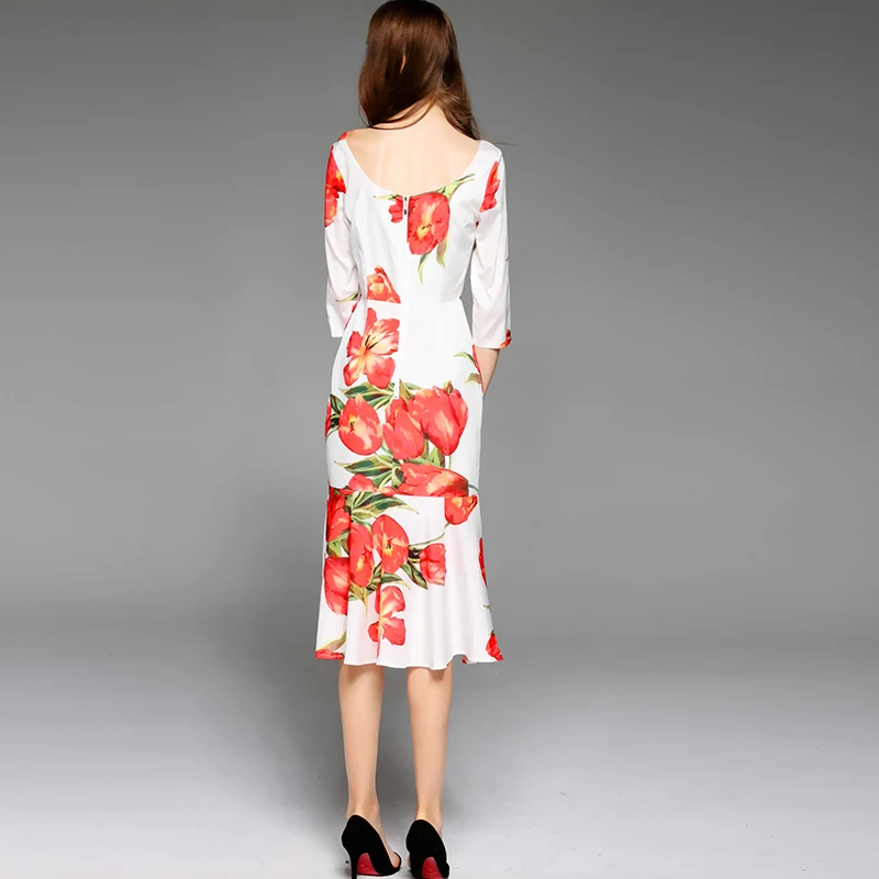 

Novelty Dress 2017 Spring Summer European Half Sleeve Flowers Print High Quality New Fashion Elegant Knee-Length Mermaid Dress