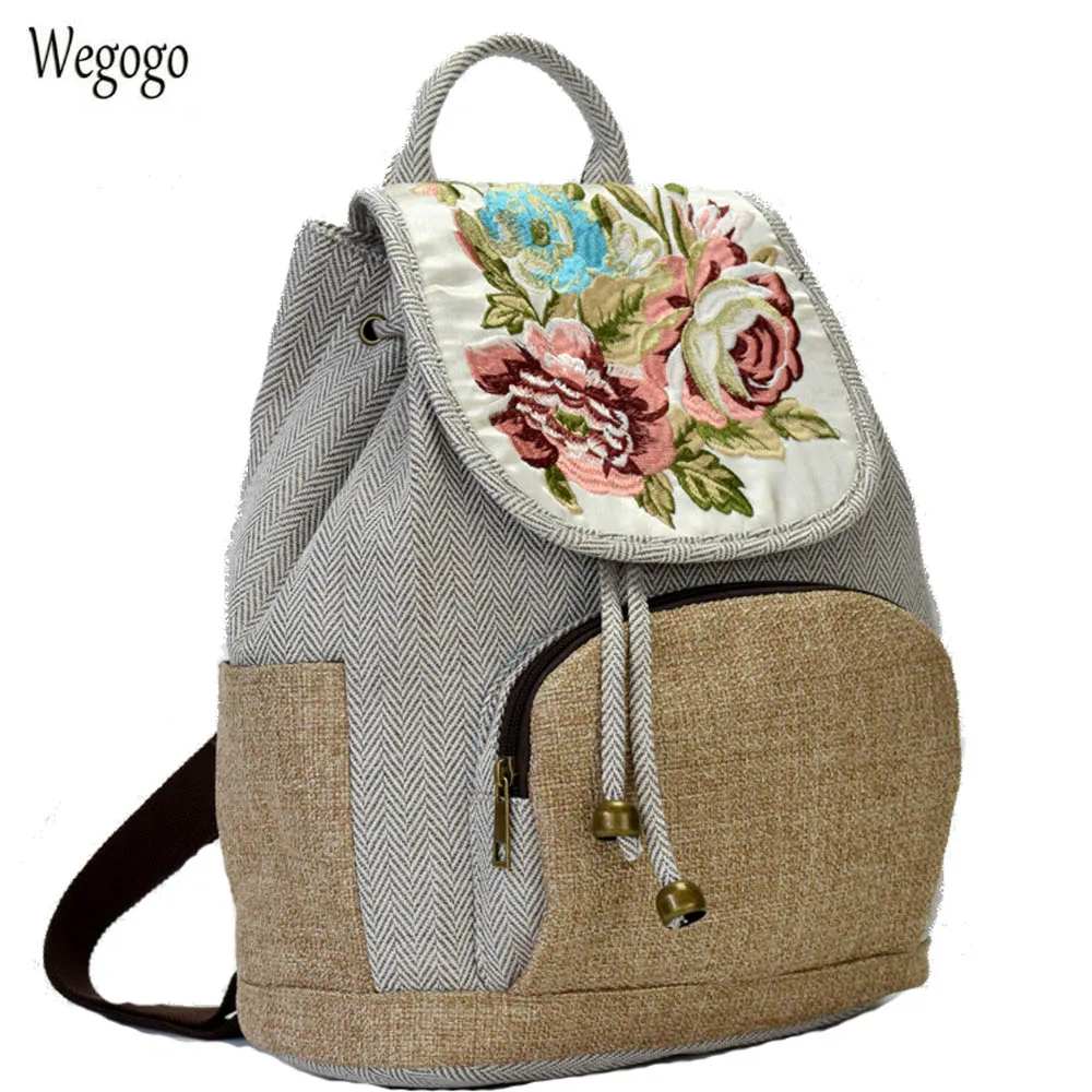 Vintage Women Backpack Floral Embroidered Backpack Canvas Shoulder Bag Travel Linen Rucksack Girl Schoolbag Woman Mochila