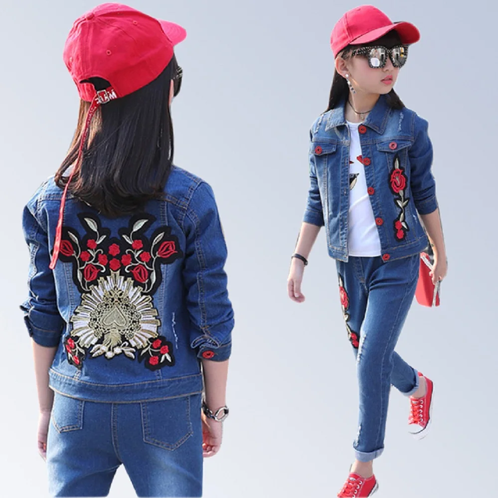 Teen Girl Boys Clothes Sport Clothing Set Denim Jacket + Jeans 2pcs Flower Fashion Cotton Casual Outfits for 6 8 10 12 14 Years | Детская
