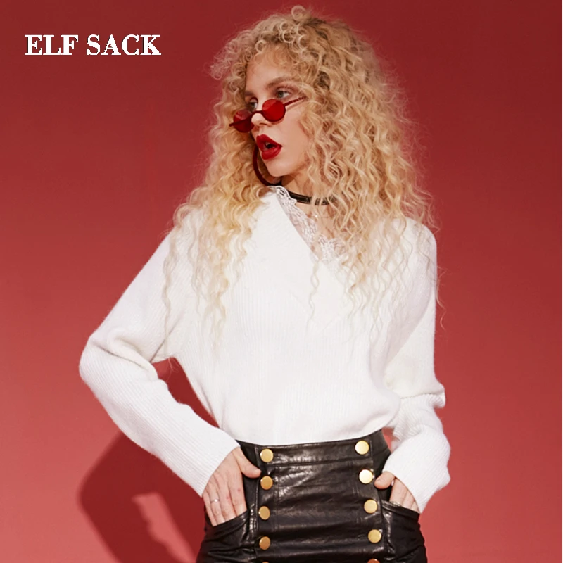 Женский свитер ELFSACK свободный кружевной ручной вязки с треугольным вырезом 2019 |