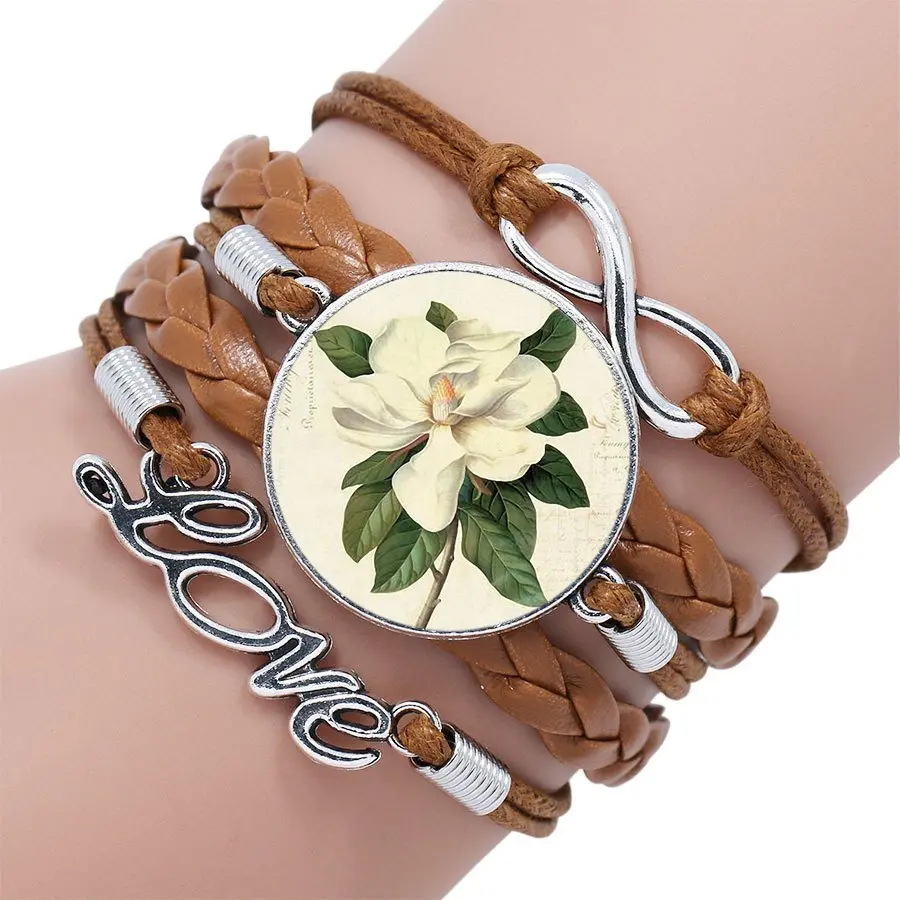 Женский многослойный браслет с цветком магнолии буддизм кабошон