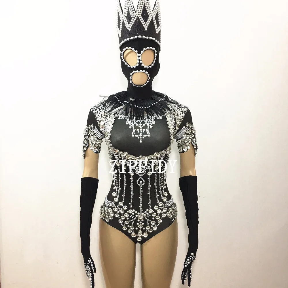 Hollow Bling Crystals Bodysuit Diamonds Sparkly Headpiece Outfit Sexy Stage Performance Women Costume Singer Birthday Wear