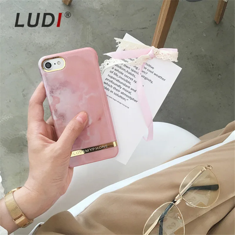 Чехол LUDI в Корейском стиле с золотистым и Розовым Мрамором для iPhone X 8 7 7Plus тонкие
