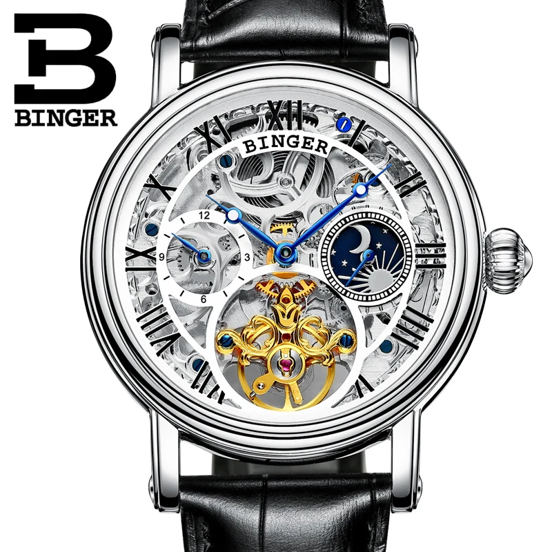 Люксовый бренд Switzerland BINGER мужские часы Tourbillon водонепроницаемые механические
