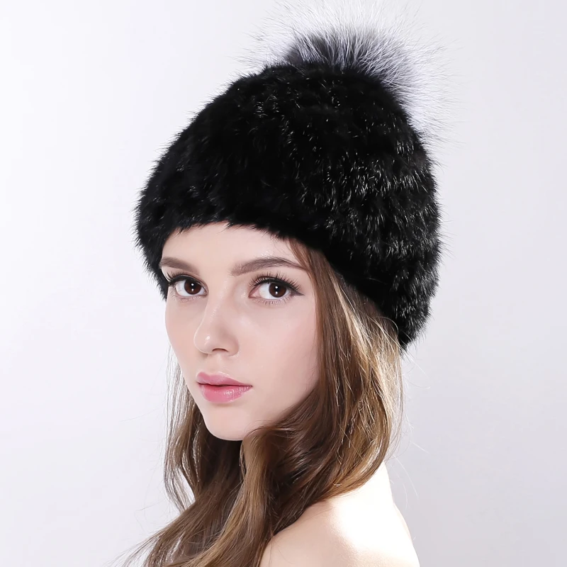 

Женская трикотажная Шапка-бини с помпоном из лисьего меха