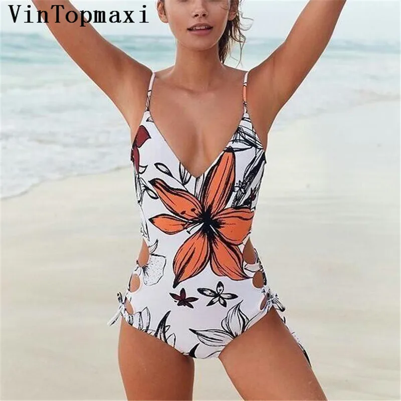 Sexy One Piece Swimsuit Hollow Out Swimwear Women Monokini Print Bodysuit Lace-Up Summer Bathing Suit 2018 Biquini Beach Wear | Спорт и