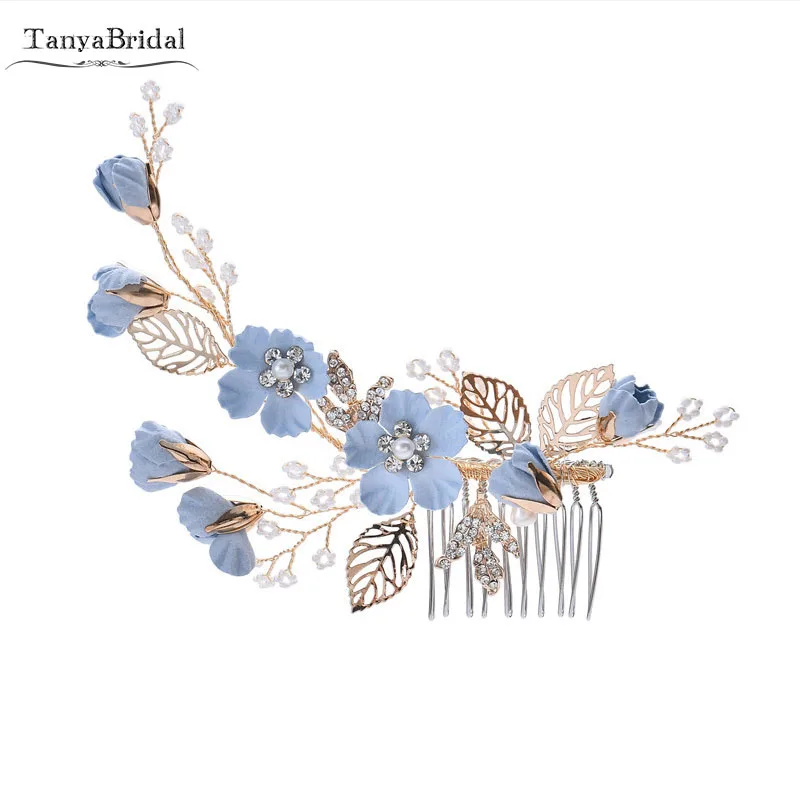 Light Blue Flowers Bridal Headpieces Comb Pearls Crystal Wedding Accessoires 4 pieces Romantic Beauty Hairclip DH019