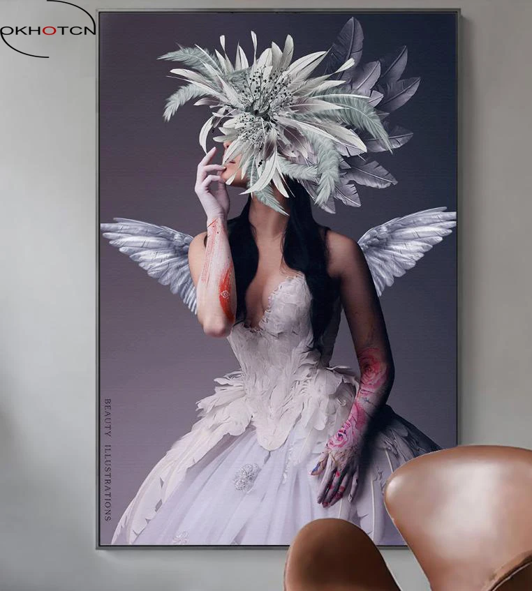 

OKHOTCN Feather Beauty Angel Nordic Poster Unframed Figure Painting Big Wall Art Living Room Decor Modern HD Printing