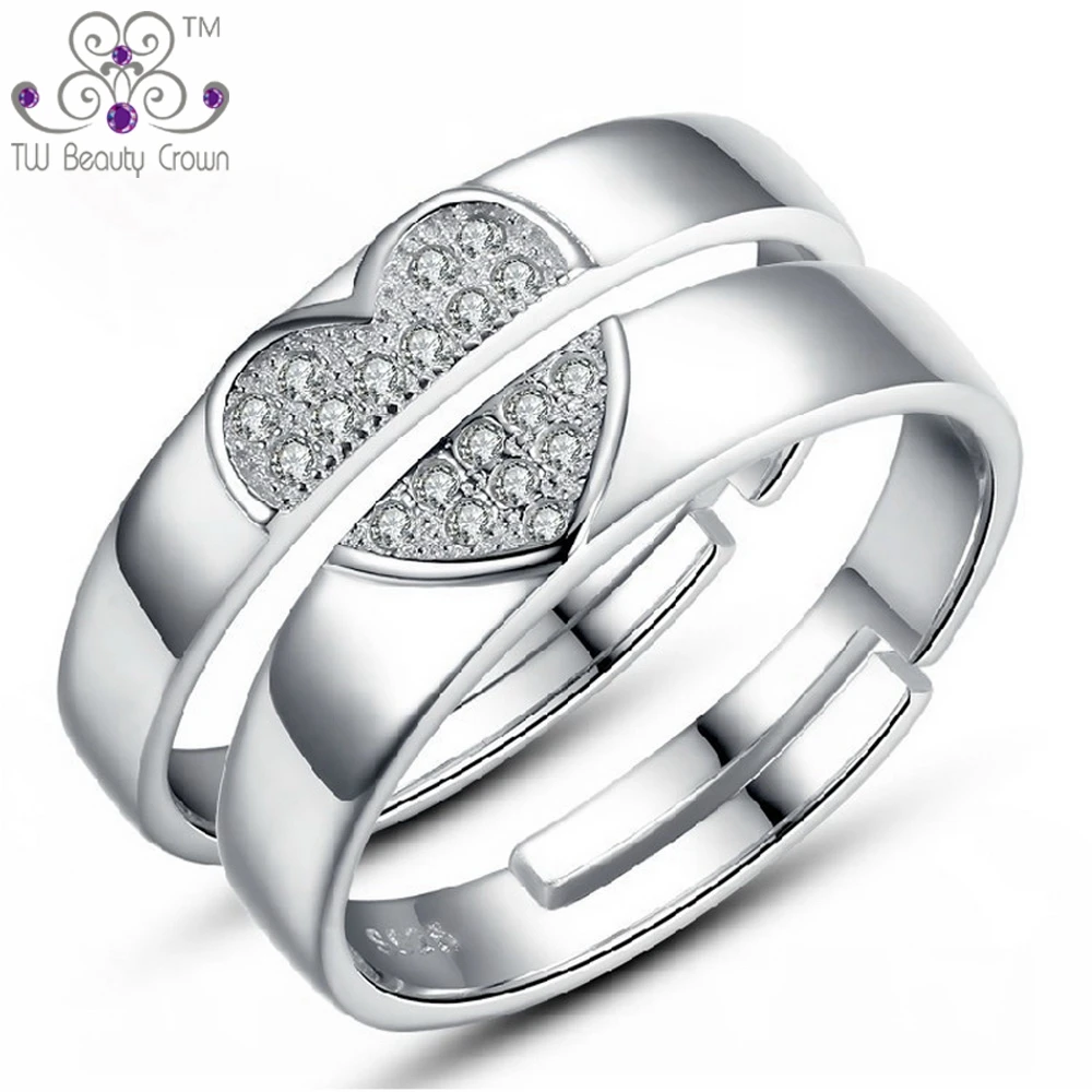 Genuine 925 Silver one Pair Women &amp Men White Zircon Love Heart Rings For Female Male Couples Fashion Jewelry Lovers Gift BA2223 |