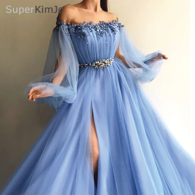 Kimjobridal платье для выпускного вечера с длинным рукавом из бисера Арабский стиль Синий Тюль аппликация платье для выпускного вечера с Боковым Разрезом Robe De Soiree