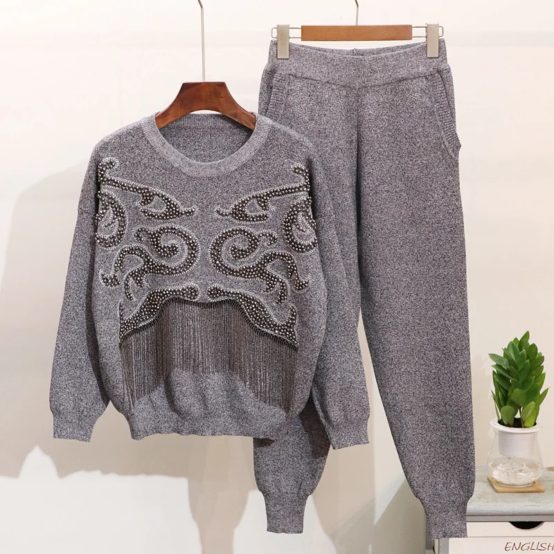Chic brand design women knitting pantsuits autumn winter tassels sweaters+knitted pants two piece set casual Leisure suite D900 |