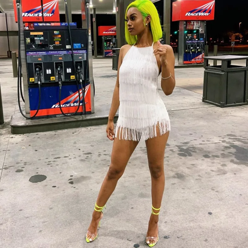 Женское пляжное платье с кисточками и ремешками на шее сексуальное облегающее