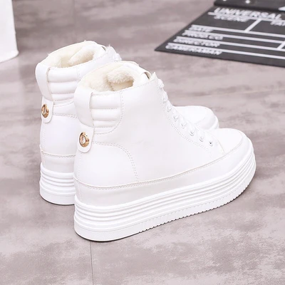 White Plush Фабричная повседневная обувь с высоким берцем; модная обувь на плоской подошве с кружевом; Белые зимние ботинки на платформе; Zapatos De Mujer; женские кроссовки; tenis feminino - Цвет: White Plush