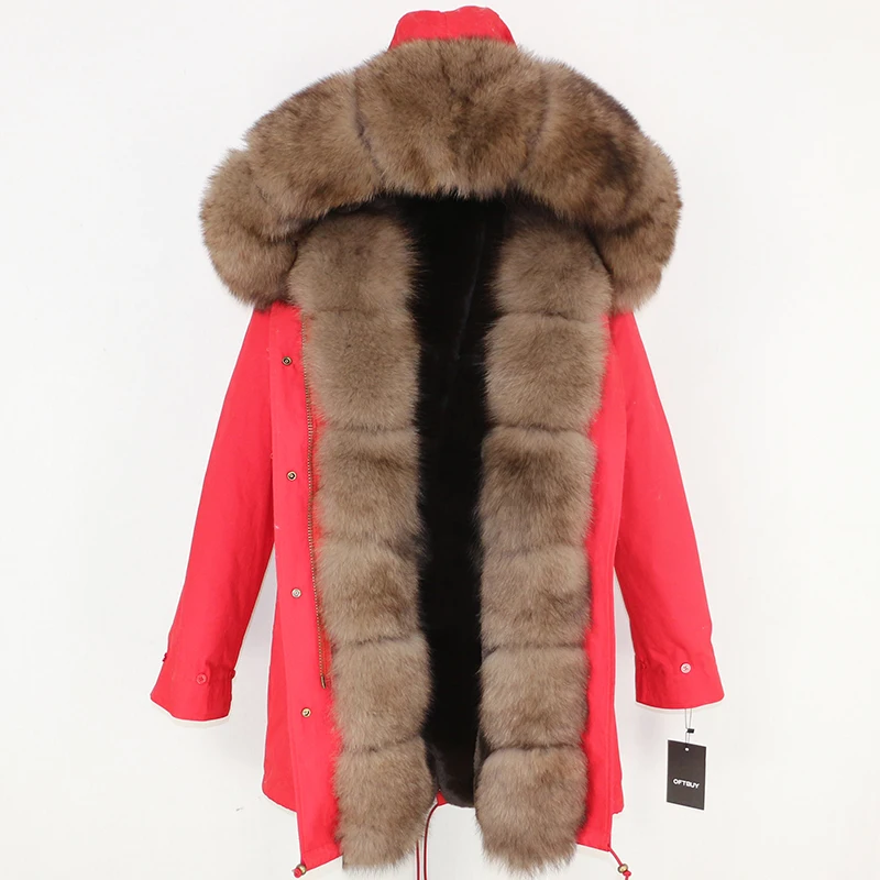 red brown OFTBUY пальто с натуральным мехом зимняя куртка женская длинная парка воротник из натурального Лисьего меха Толстая теплая брендовая Роскошная Съемная уличная одежда - Цвет: red brown