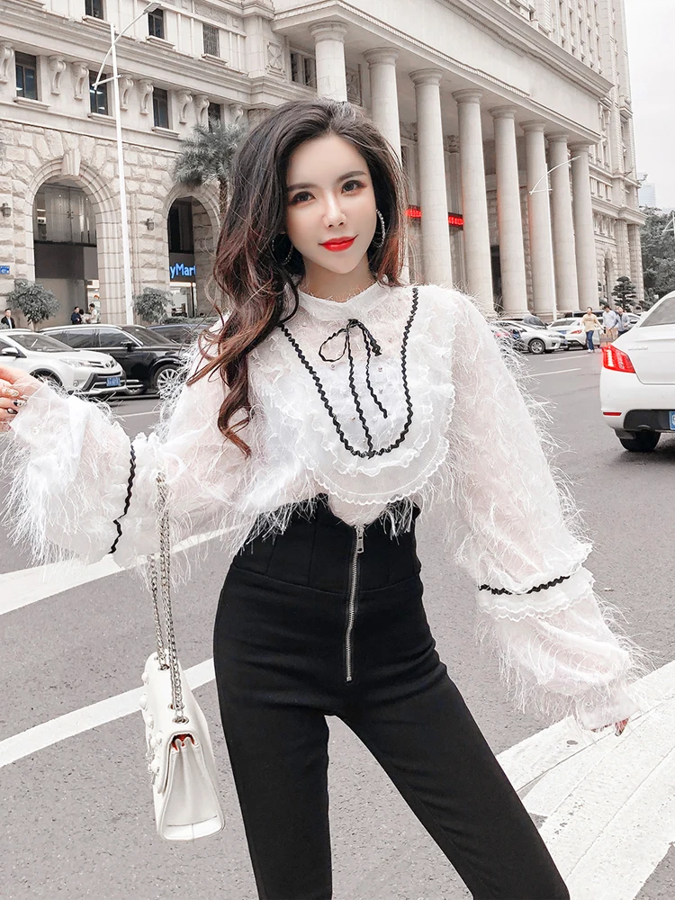 2019 новые модные женские туфли блузка рубашка Весенняя с длинным рукавом