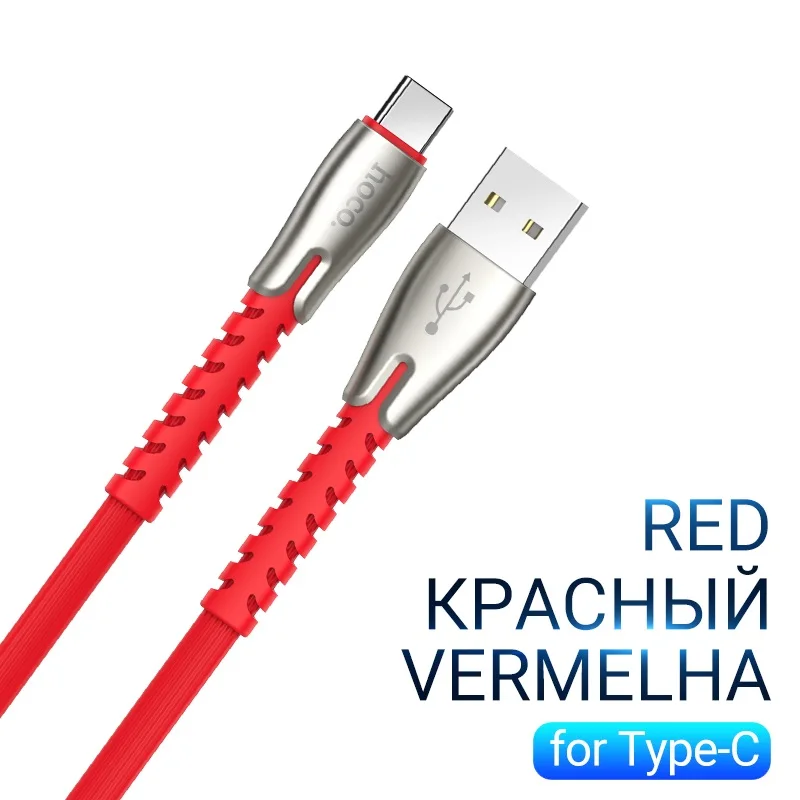 Red hoco usb type c кабель для зарядки и передачи данных тип с провод usb c для самсунг сяоми зарядное устройство юсб тайп си для андроид провод юсби си 2.4A плоский кабель c type cable усиленный зарядник шнурок зарядка - Цвет: Red
