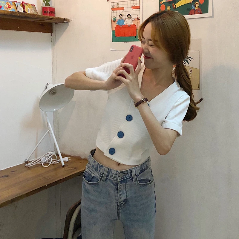 button v-neck solid color short sleeve casual crop tops summer new fashion brand Korean style t-shirts Women Clothing modis tees | Женская