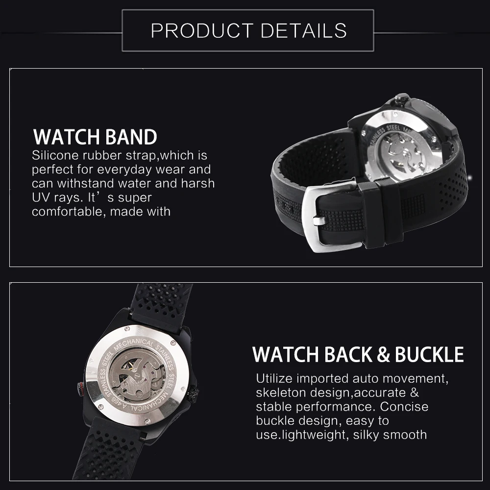 WINNER модные спортивные автоматические механические мужские часы с черным