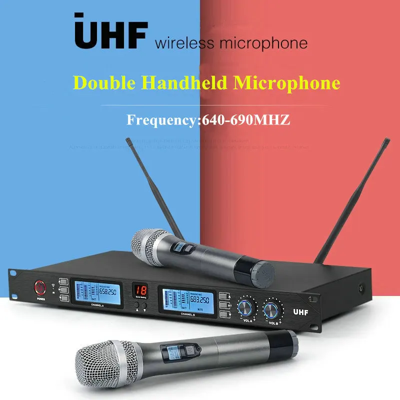 Одежда высшего качества! Чистый звук Профессиональный UHF двойной ручной Двухканальный беспроводной микрофон