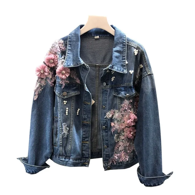 Новинка осени 2018 женская джинсовая куртка Модная Джинсовая с вышитыми бисером и