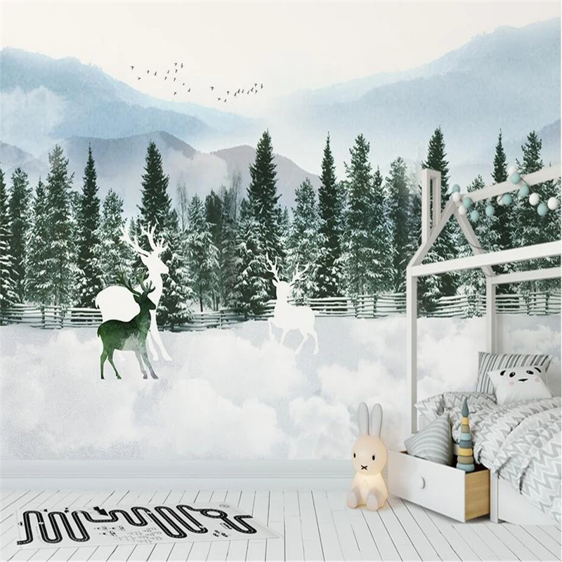 

3D Elk Forest Wallpapers Snow Scenery Custom Murals Winter Christmas Teers Wall Papers for Walls for Kids Living Room Home Decor