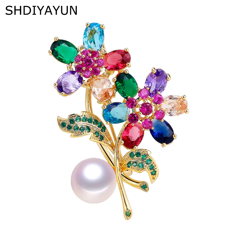 SHDIYAYUN 2019 брошь с жемчугом для женщин фианиты цветок Броши Булавки натуральный