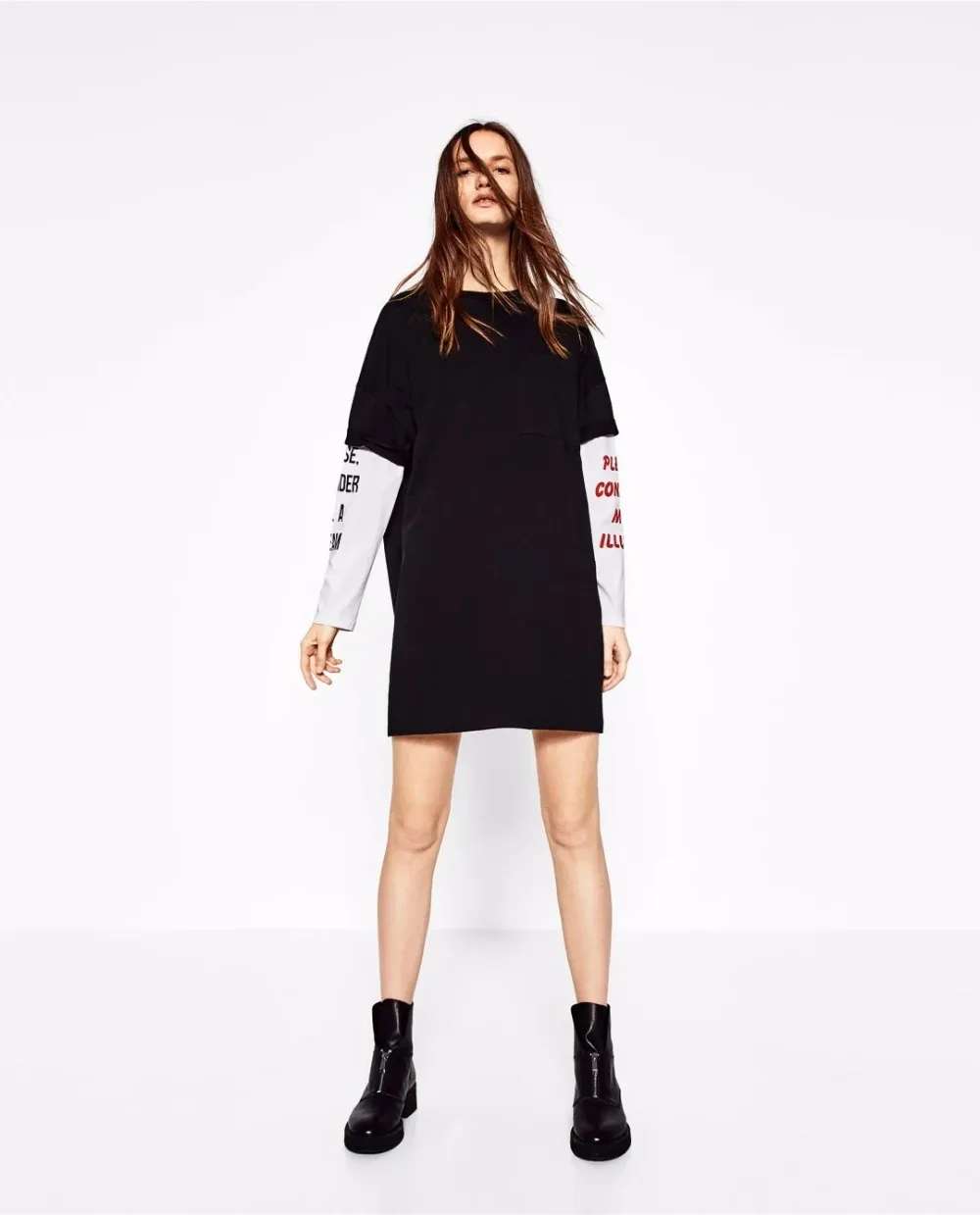 Зима Поддельные из двух частей Футболка Платье Женщины Марка Карманы О шея