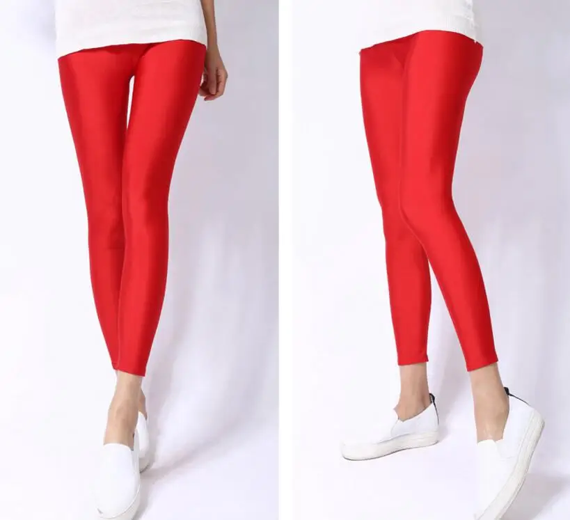K036 red YGYEEG Женские однотонные флуоресцентные блестящие леггинсы большого размера, блестящие эластичные повседневные брюки из спандекса для девочек - Цвет: K036 red