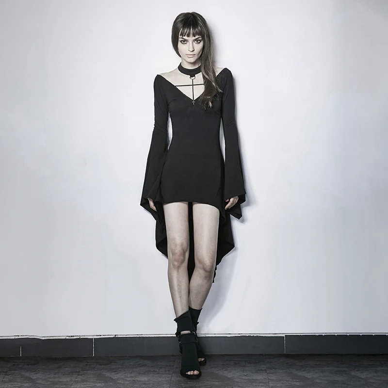 

Steampunk Dark Sexy Asymmetrical Hem Trumpet Sleeves Knit Dress