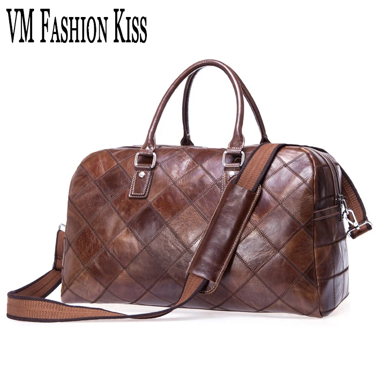 VM FASHION KISS Genuine Leather Traveling Bags Leisure Retro Male Travel 45cm Duffel Large Luggage Bag Women Handbags Person Bao