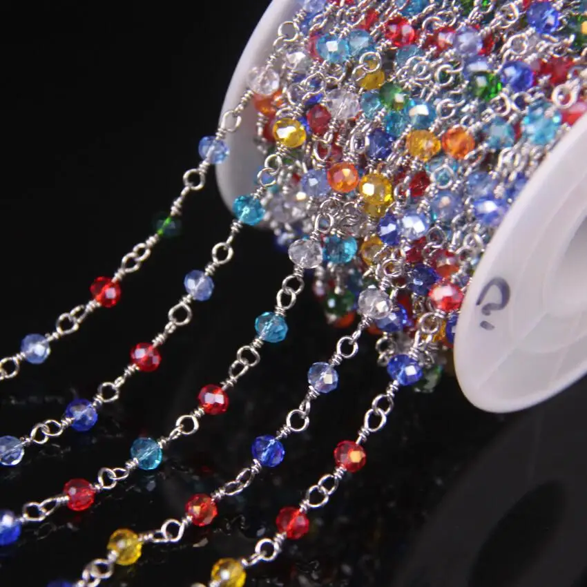 

5Meters Multicolor Glass 3x4mm Faceted Rondelle Beads Chain,Glass Crystal With Silver Plated Brass Wire Wrapped Rosary Chains