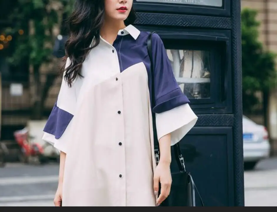 2018 Новая повседневная длинная рубашка ярких цветов мозаика с рукавами платье