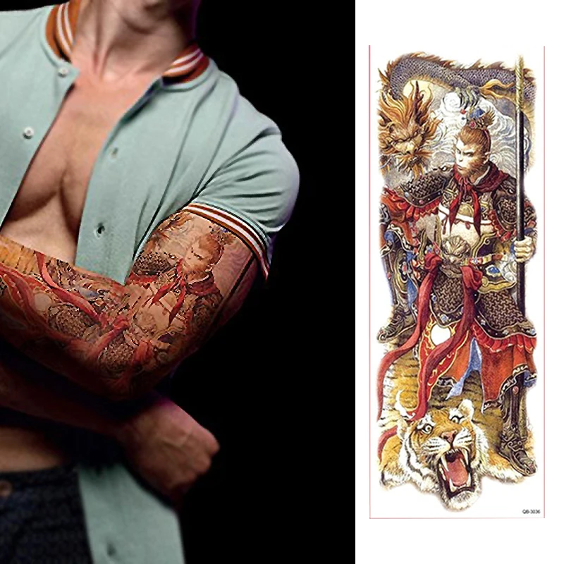 

1 Sheet Big Large Full Arm Tattoo Sticker The Monkey King Dragon Tiger Waterproof Body Art Temporary Fake Tattoo