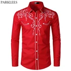 Красная мужская рубашка-смокинг с цветочной вышивкой, брендовая приталенная Классическая рубашка с длинными рукавами, мужская рубашка для свадебных вечеринок, 2019